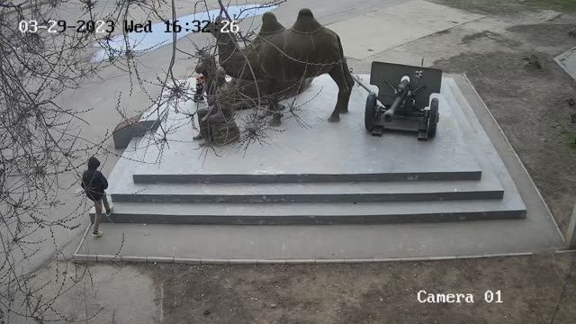 Monument on Lenin Square to the soldiers of the 902nd Infantry Regiment and their camel helpers in Akhtubinsk city, Russia