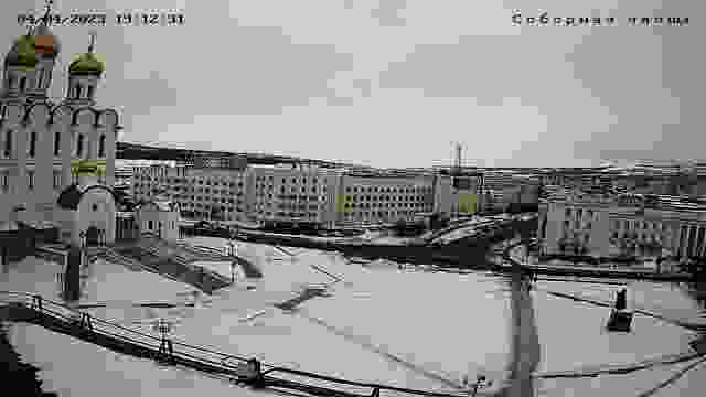 Cathedral Square. Holy Trinity Cathedral in Magadan city, Russia