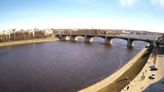 Novovolzhsky bridge across the Volga river in Tver city, Russia