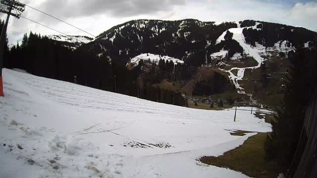 View of chair lift from restaurant Die Deantnerin in Dienten city, Austria
