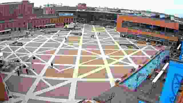 Central square with a fountain in the city of Lodz, Poland