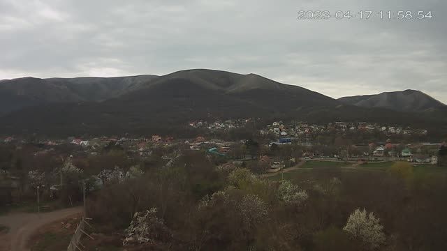 Panorama of Perevalnoye village with a view of Chatyr-Dag mountain, Crimea